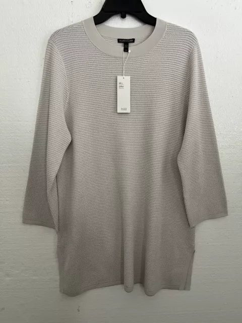 Eileen Fisher Silk Organic Cotton Mock Neck Tunic Sweater Bone Large NWT $348