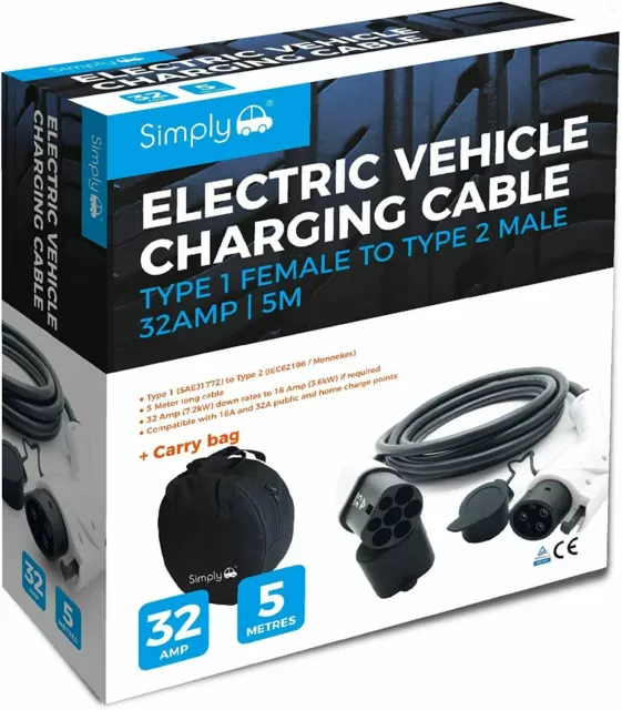 EV / Electric Car - Charging Cable |  5m | 32Amp | Type 1 to Type 2 | 7.2kW