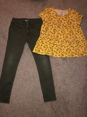 Mudd Girl's Olive Green Stretch Skinny Jeans Size 12 Carter's Yellow Green Shirt