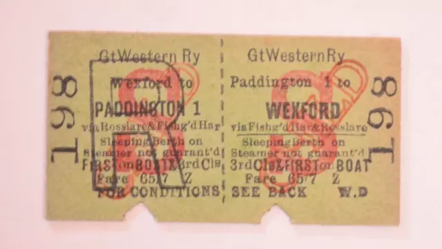 Railway Ticket GWR Wexford to Paddington 3rd
