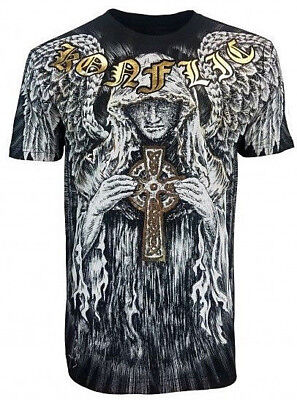 Konflic Guardian Angel T Shirt Uomo Stampa Integrale Mma Biker Wear Rock N Roll