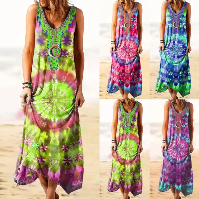 Womens Boho Floral Sleeveless Tank Dress Ladies Summer Beach Holiday Sundress AU