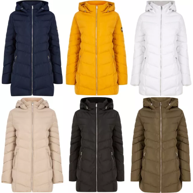 Women's Ladies 3/4 Length Quilted Padded Coat Hooded Puffer Jacket Zip Pockets