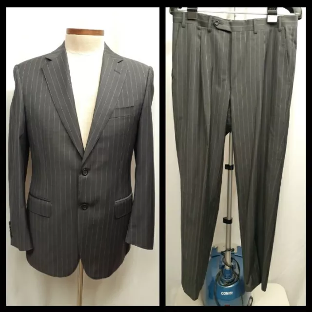 Canali 1934 US 38 EU 48 Gray Water Resistant Wool 2 Bttn Suit Stripe Dual Vents