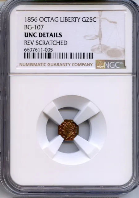 1856 25C Liberty Octagonal 25 Cents, BG-107, Low R.4, NGC Details UNC Toned