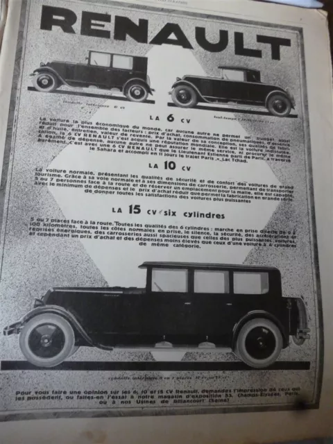 RENAULT 6 cylindres 6, 10, 15 CV auto 34 publicité papier ILLUSTRATION 1927