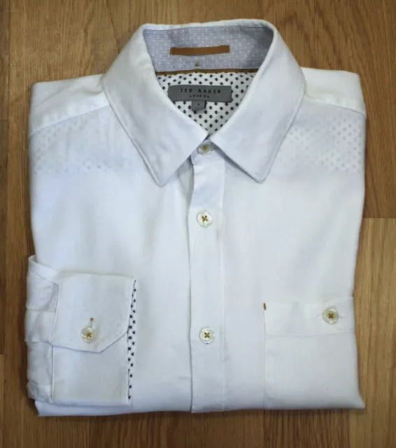 Ted Baker ~XS ~ Pure White Stretch Linen Blend Button Under 'Newline' Shirt