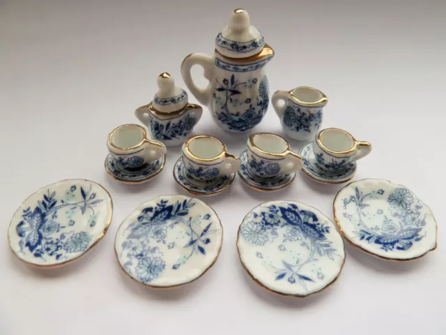 Dolls House Miniature 1:12 * Blue Design Full Ceramic Tea Set * Combined P+P