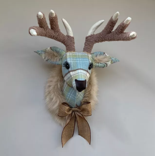 Handmade faux taxidermy blue/green check tweed deer wall mount stag trophy head