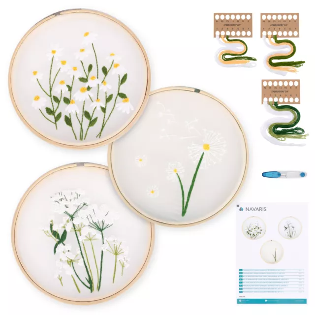 Garn Blumen DIY 3er Stickset 3x Stickerei Set für Anfänger Stickrahmen Vorlage