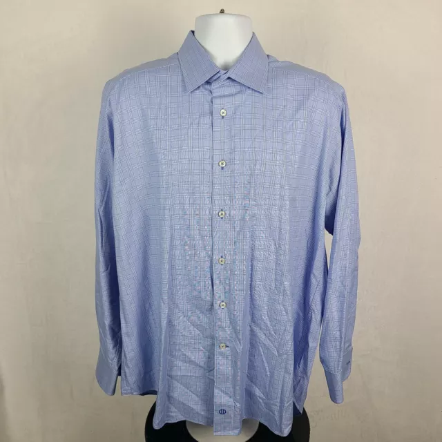 David Donahue Dress Shirt Mens 17 34/35 Blue Check Plaid Button Up