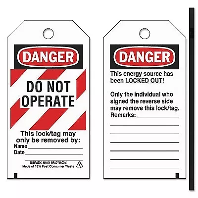 Lockout Tags, 5 3/4 in x 3 in, Economy Polyester, Danger, Do Not Operate Brady
