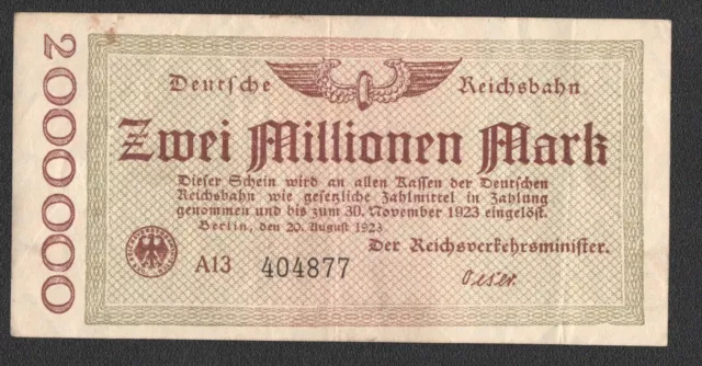 RVM- 2a), Reichsbahn - Berlin; 2 Mio. Mark vom 20. August 1923; Serie „A"