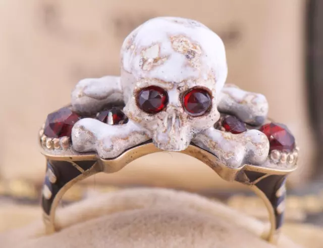 Antique Französisch 14k Gold Emaille Ring Memento Mori Skull Und Bones c1872 Ovp