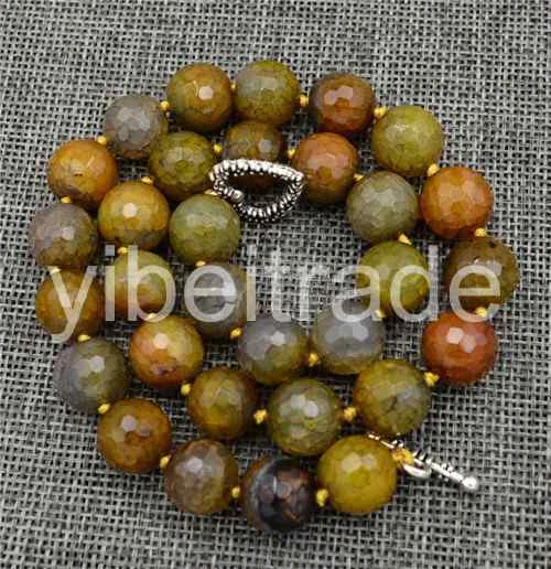 12mm dragon vein Facet Agate Gemstone Necklace Tibetan silver love clasps