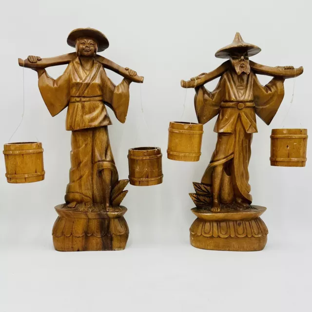 Rare Pair Of Teak Wood Asian Water Carriers, 21 Tall, Handcarved From Thailand