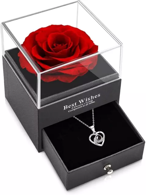 Preserved Real Rose, Gift Box with I Love You Necklace, Handmade Eternal Rose Gi