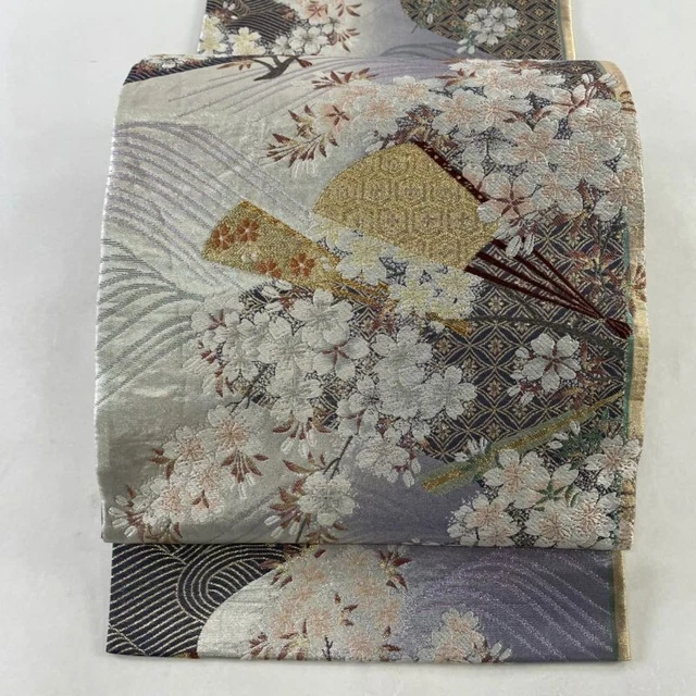 Woman Japanese Kimono Fukuro-obi Silk Cherry Blossom Fan Foil Light Purple