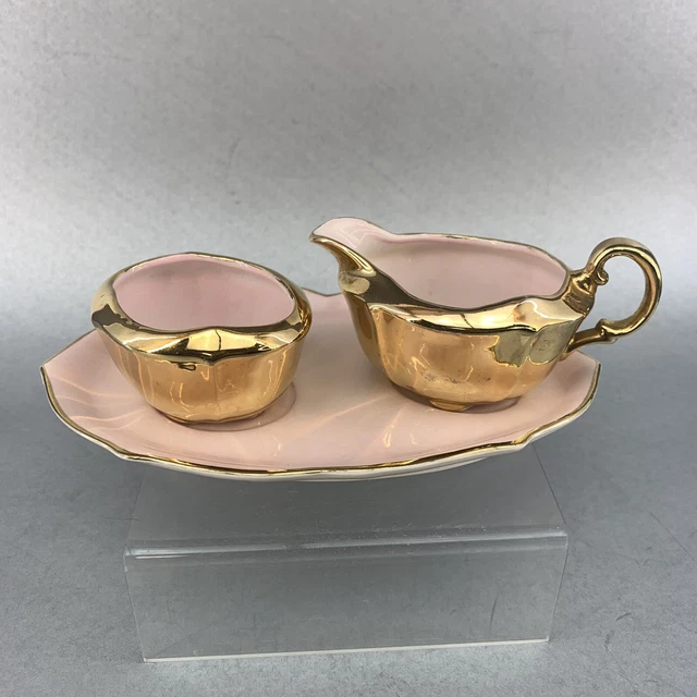 Royal Winton Pink Gold Bone China Creamer Sugar Bowl & Tray Vintage England