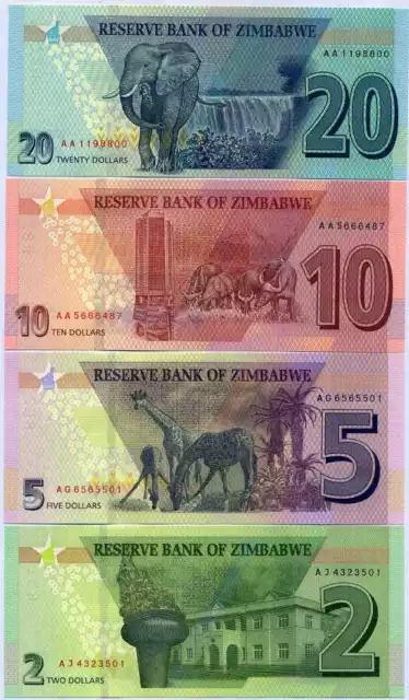 Zimbabwe Set 4 Pcs 2 5 10 20 Dollars 2019 2020 P 101 102 103 104 UNC