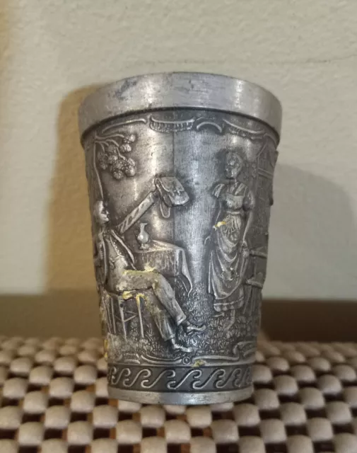Solid Pewter Small Shot Cup Frieling Zinn ANTIQUE GERMAN Embossed Engraved