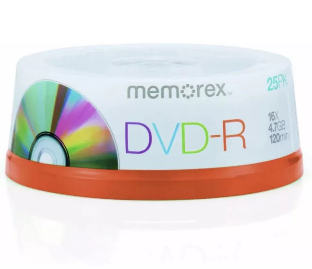 Genuine Memorex Blank DVD-R 16x DVD discs 4.7 GB 120 mins 25 Pack  Cakebox