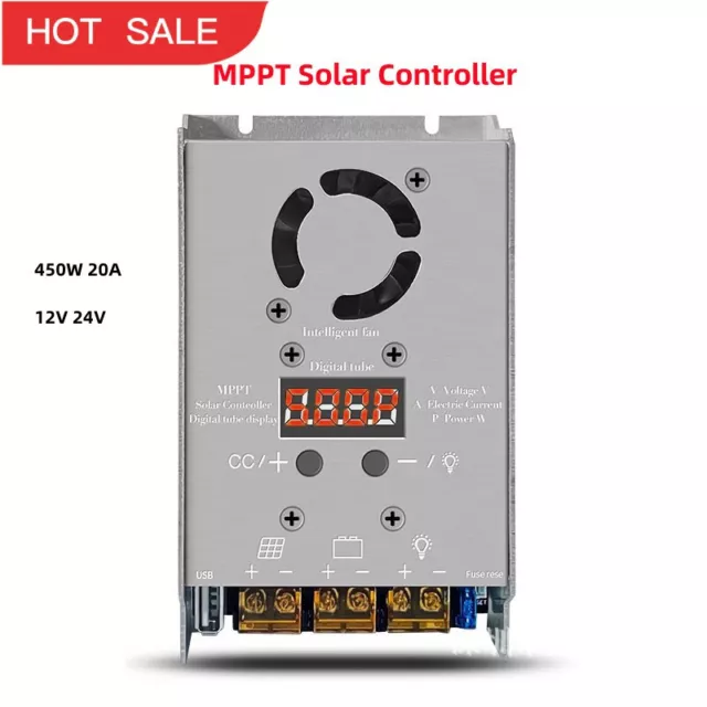 450W 20A 12V 24V Step-down MPPT Solar Controller LED + Intelligent Cooling Fan