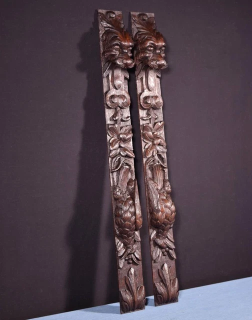 *29" Pair of French Antique Trim Posts Highly Carved Solid Oak w/Lions & Birds