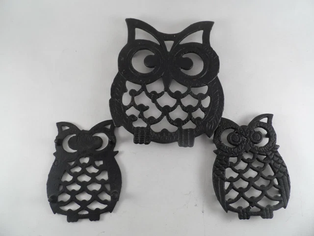3 Cast Iron Metal Owl Trivets Coaster Set Wall Decor Hot Pad Black Footed Taiwan