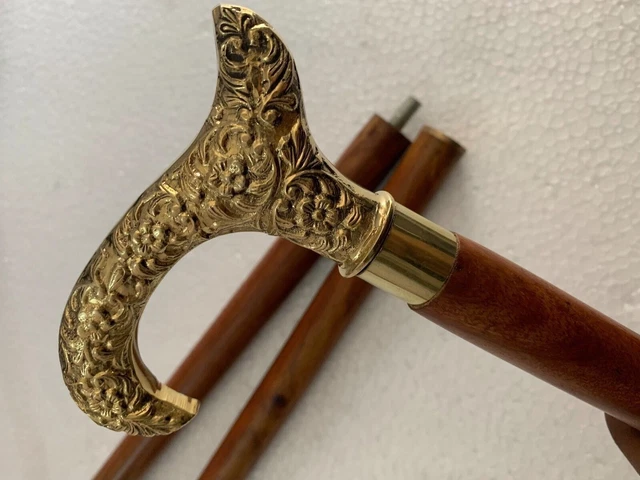 Canne De Marche Vintage Bois Et Laiton - Tête De Serpent - Fabriquée En Inde