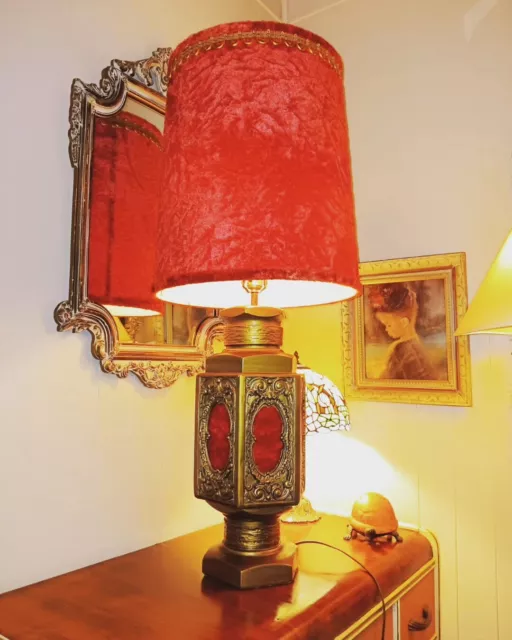 Giant 43" Red Velvet Hollywood Regency Red Velvet Lamp! Mid Century Modern