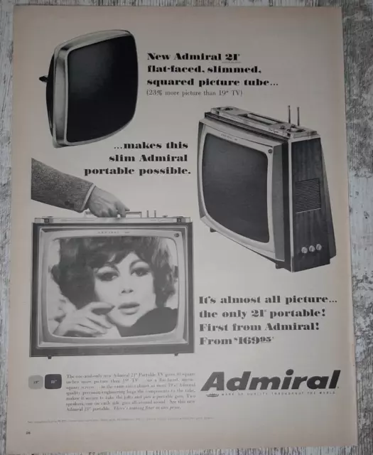 1965 Admiral Vintage Print Ad TV Portable Television Slim Flat Tube B&W