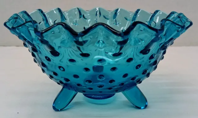 Vintage MCM LE Smith Blue Three Toe Hobnail Glass Bowl Candy Dish Ruffled Nice