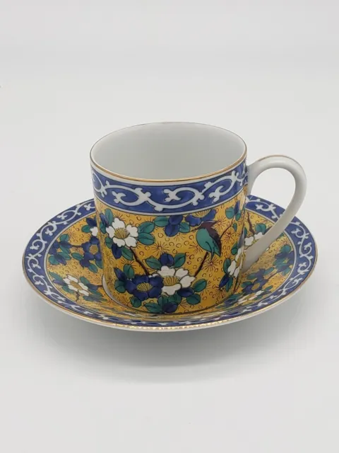 Takahashi Kutani Demitasse Cup Saucer Porcelain Coffee Tea Japanese Blue Yellow