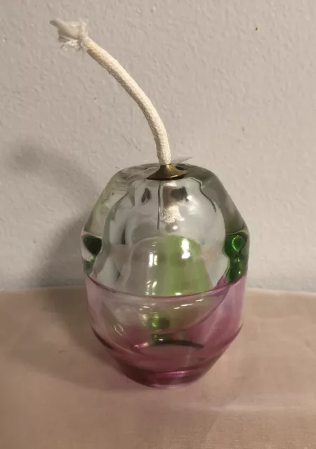 Art Glass Oil Lamp Candle Hand Blown Poland Pink Green Handmade Beautiful