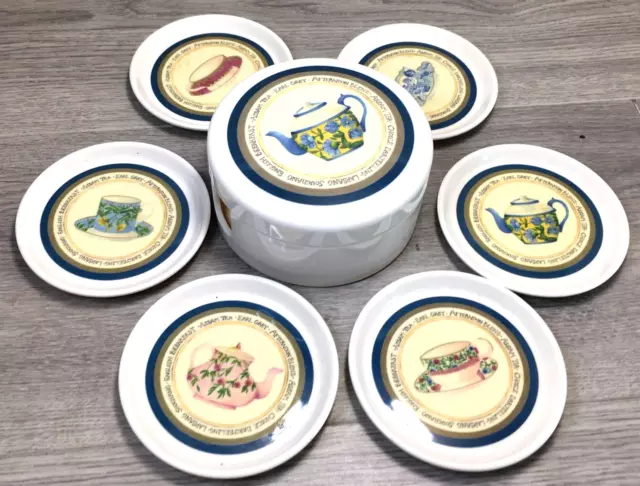 Vintage Set time for Tea coffee drinks Coasters In Storage Dish By Cloverleaf