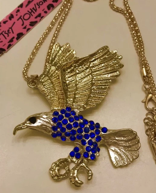 Betsey Johnson Blue Gold Enamel Rhinestone Bird Eagle Pendant Necklace NWT