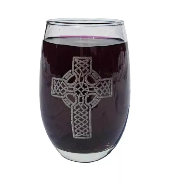 Personalized 13 OZ Stemless Wine Glass Engraved 2 Sided Celtic Cross 5 Designs