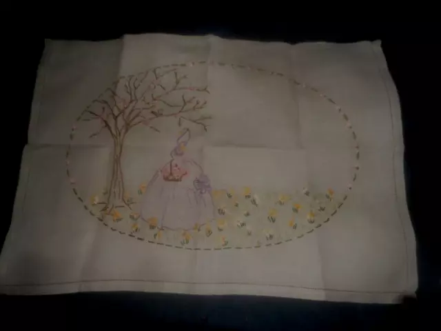 A Gorgeous Cream Linen Hand Embroidered Tray Cloth 21" X 15" Crinoline Lady