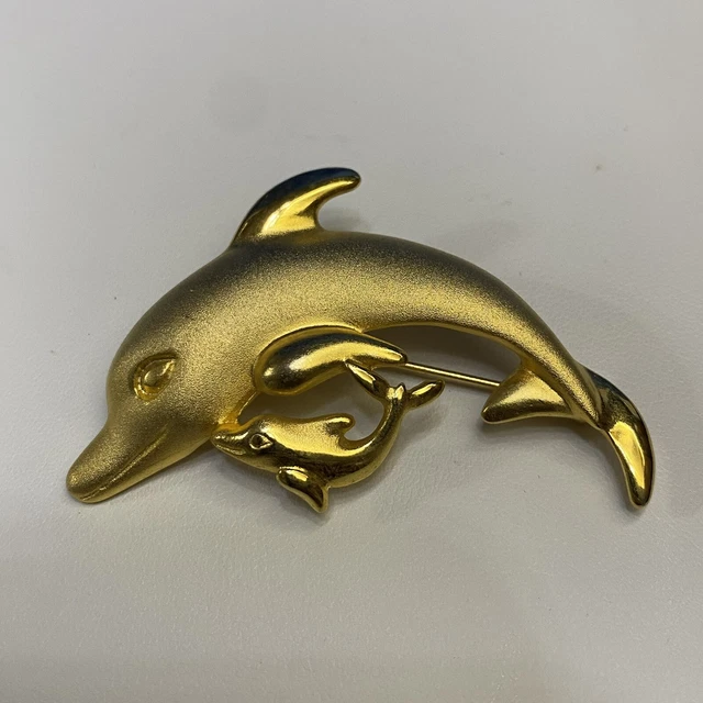 Brushed & Shiny Gold Toned Mother & Baby Dolphin Brooch Pin. Costume Jewelry