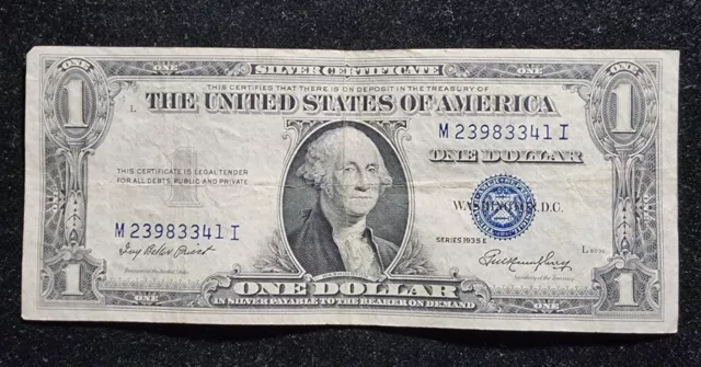 Blue silver certificate one dollar bill 1935 E. Fr 1614.  Our T2905