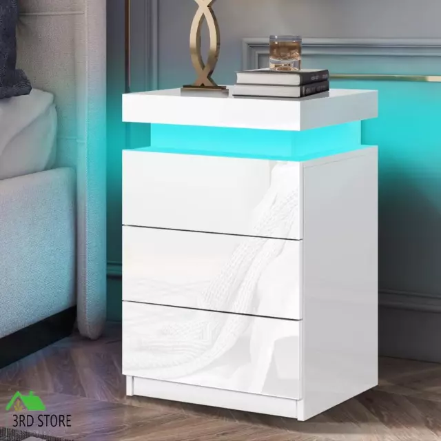 RETURNs ALFORDSON Bedside Table RGB LED Nightstand 3 Drawers 4 Side High Gloss W