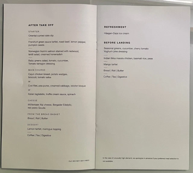 SPEISEKARTE MENU CONDOR BUSINESS CLASS Out1 S23 HM11 SN11 HM13 EUR 1,00