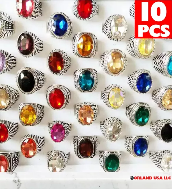 10 PC Mix Ring Size Wholesale Lot Geometric Stone Crystal Stone Mix Style Metal