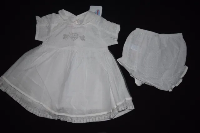 NWT Catimini Dress Size 9M 9 Months White Silver Grey Bloomers 2 pc Set Outfit