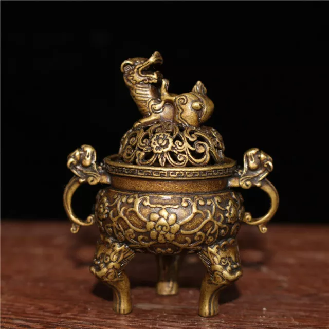 2.56" Collection Chinese pure copper Handmade Lion Incense burner censer