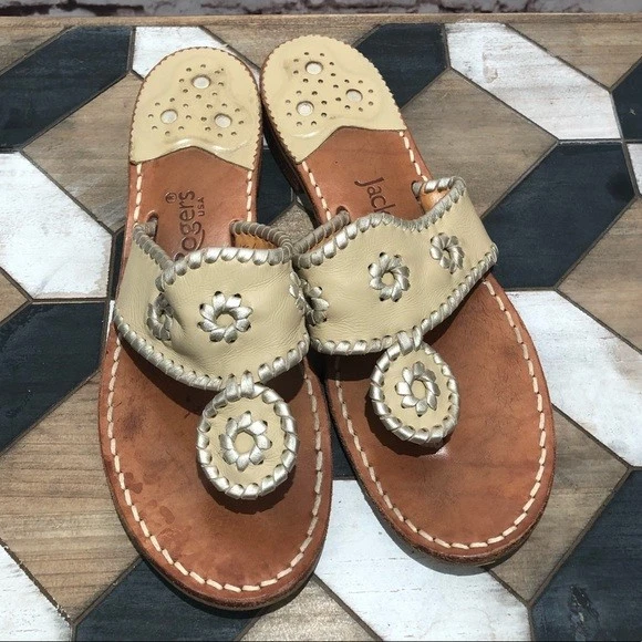 Jack Rogers Hamptons Leather Sandals In Beige Tan Metallic Size 7