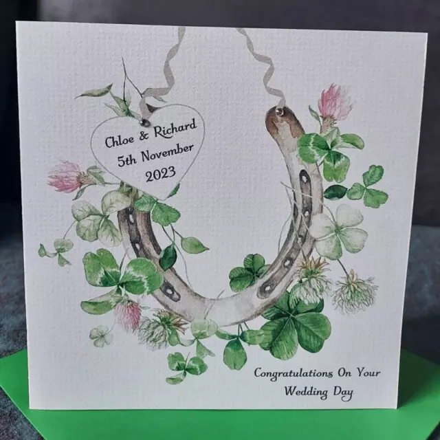 Handmade Personalised Wedding Day Card,Horse Shoe And Heart
