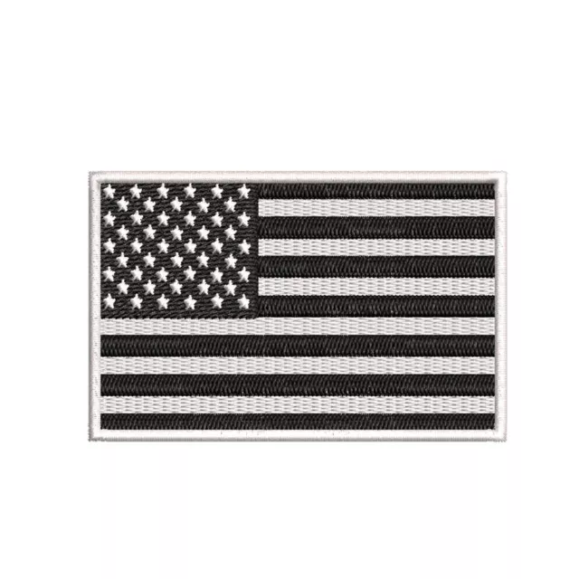 USA AMERICAN FLAG BLACK/WHITE EMBROIDERED PATCH IRON-ON SEW-ON BORDER(3½ x 2¼”)