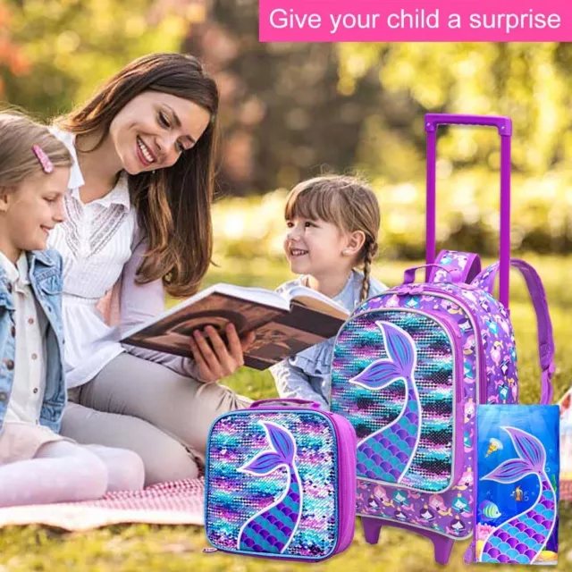 3PCS Rolling Backpack for Girls Kids Roller Wheels Bookbag School Bag Lunch Bag 2